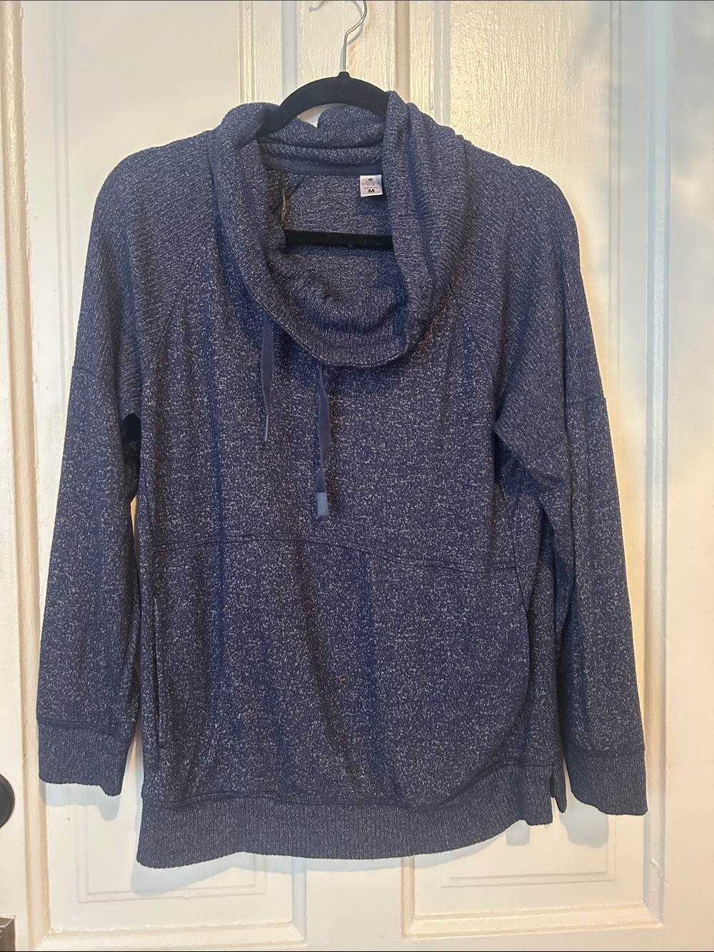 Cozy Heathered Navy Cowl Neck Sweater with Drawstring (Sam’s Club)